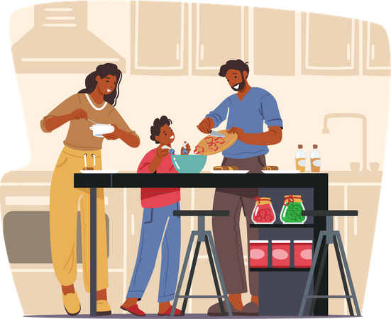 Família cozinhando comida juntos  Ilustração