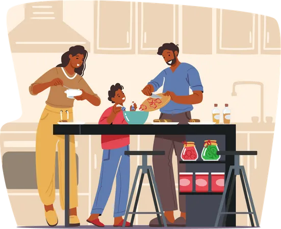 Família cozinhando comida juntos  Ilustração