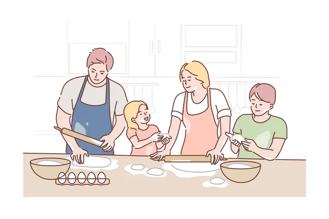 Família cozinhando juntos na cozinha  Ilustração