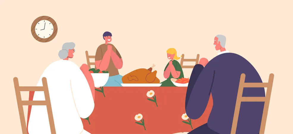 Família cristã reza junta durante a refeição  Ilustração