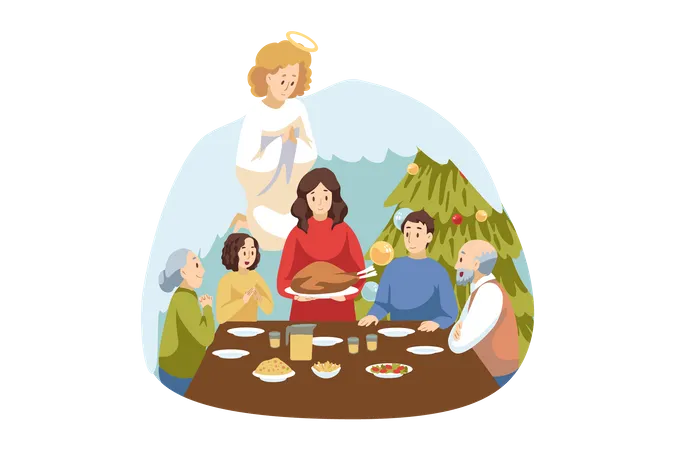 Familia cristiana haciendo oración antes de cenar  Ilustración