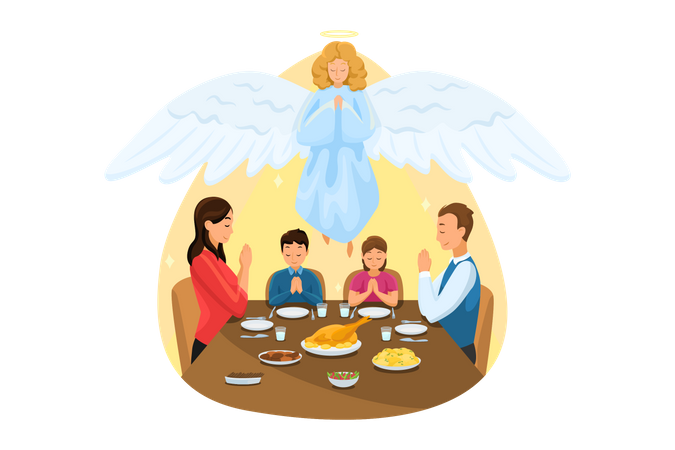 Familia cristiana ora junta durante la comida  Ilustración