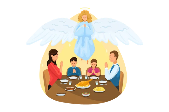 Familia cristiana ora junta durante la comida  Ilustración