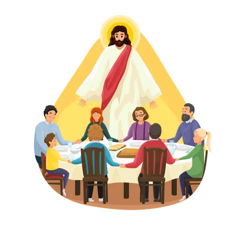 Familia cristiana ora junta durante la comida  Ilustración