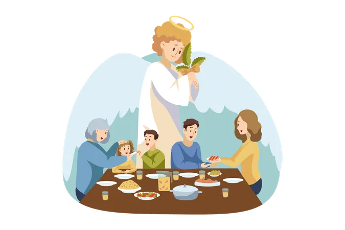 Familia cristiana ora junta durante la comida  Ilustración