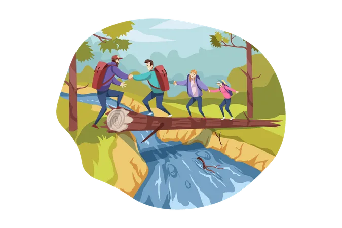 Família atravessando o rio e andando no tronco de uma árvore  Ilustração