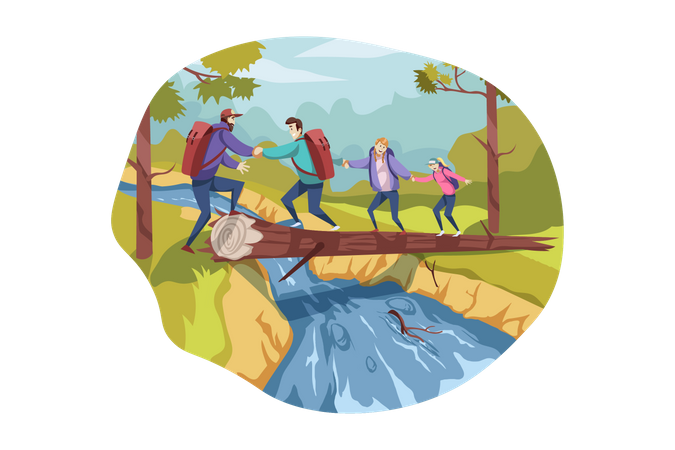 Familia cruzando el río y caminando sobre el tronco de un árbol  Ilustración