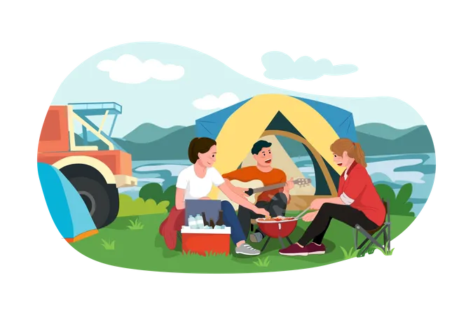 Família curtindo acampar  Ilustração