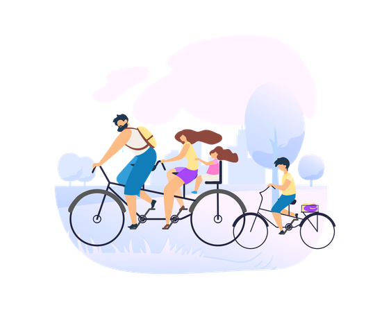 Família aproveitando para andar de bicicleta no parque  Ilustração