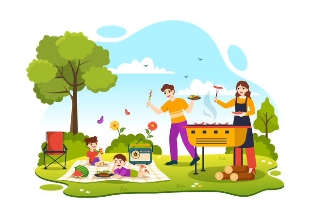 Família curtindo festa de churrasco no parque  Ilustração