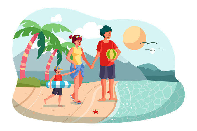 Família aproveitando férias na praia  Ilustração