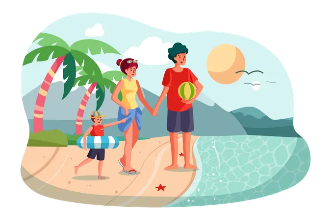 Família aproveitando férias na praia  Ilustração