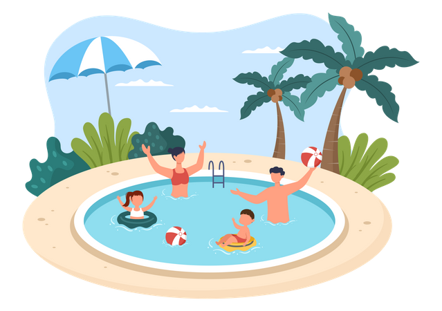 Família curtindo na piscina  Ilustração