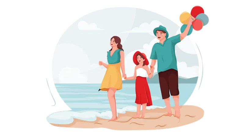 Família curtindo na praia  Ilustração