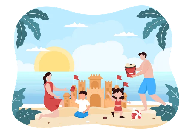 Família curtindo na praia  Ilustração