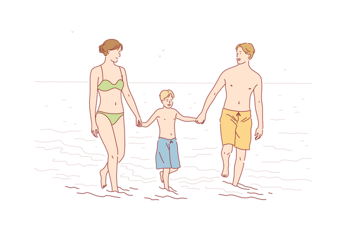 Família curtindo na praia  Ilustração