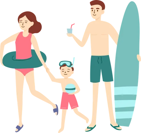 Família curtindo na praia do mar  Ilustração