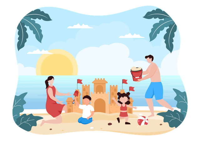 Família curtindo na praia  Ilustração