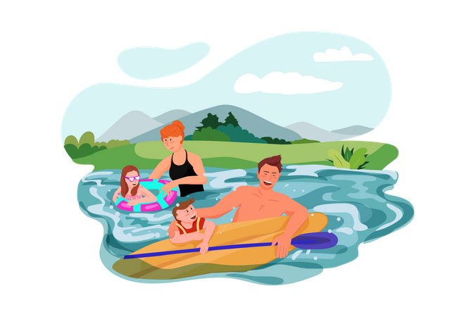 Família gostando de nadar no lago  Ilustração