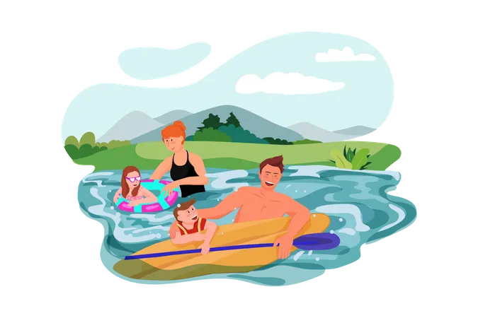 Família gostando de nadar no lago  Ilustração
