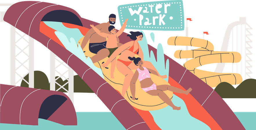 Família se divertindo no parque aquático  Ilustração