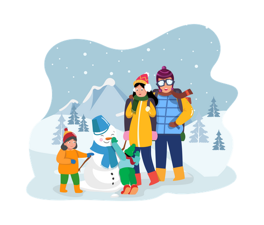 Família aproveitando o inverno nas montanhas  Ilustração