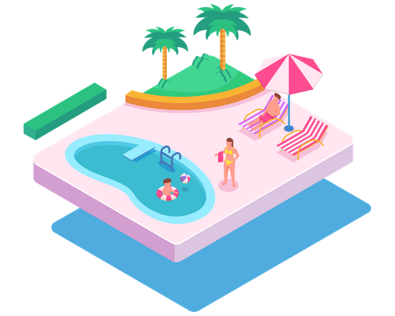 Família aproveitando o verão na piscina  Ilustração