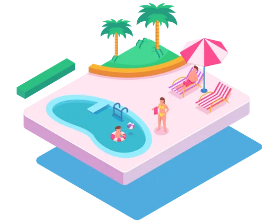 Família aproveitando o verão na piscina  Ilustração