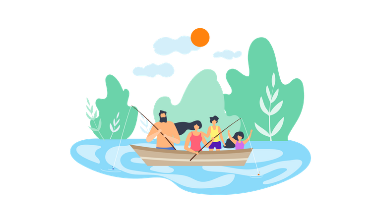 Família gostando de pescar no lago  Ilustração