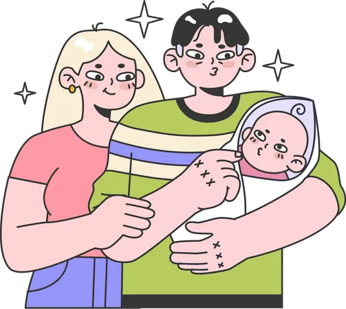 Familia da la bienvenida a su bebé recién nacido  Ilustración