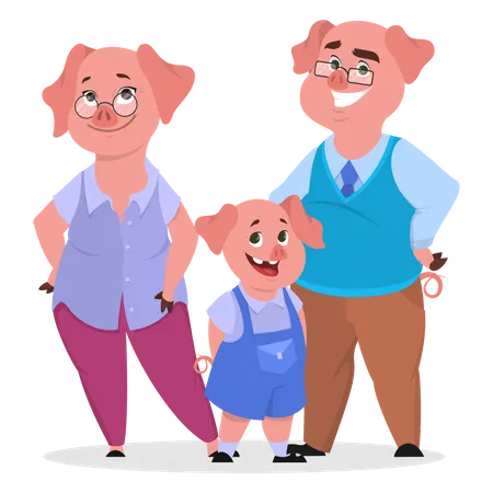 Familia de cerdos feliz vestida  Ilustración