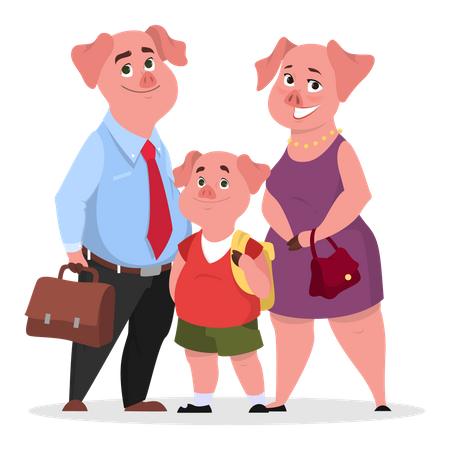 Familia de cerdos feliz vestida. Madre, padre e hijo  Ilustración