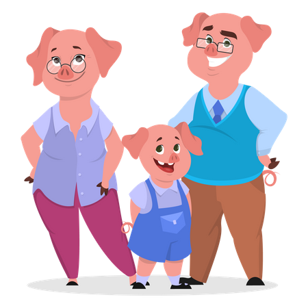 Familia de cerdos feliz vestida  Ilustración