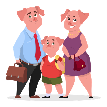 Familia de cerdos feliz vestida. Madre, padre e hijo  Ilustración