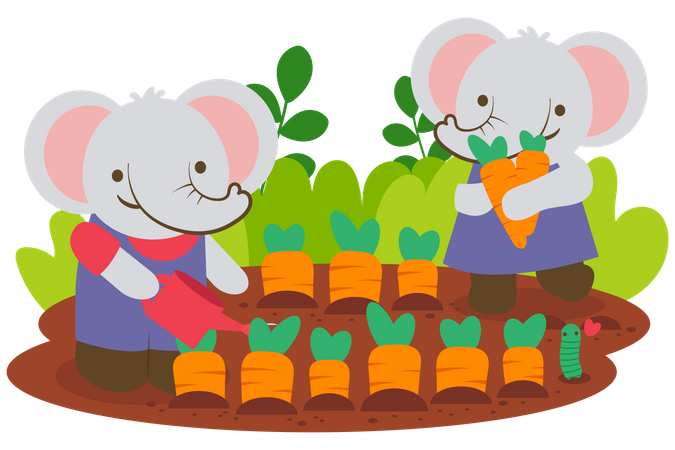 Familia de elefantes plantando zanahorias juntos  Ilustración