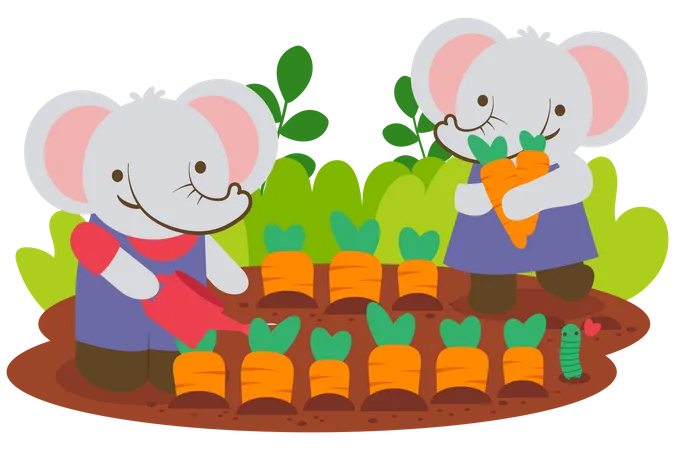 Familia de elefantes plantando zanahorias juntos  Ilustración