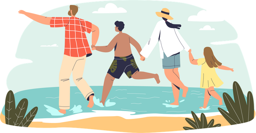 Família de férias juntos na praia  Ilustração