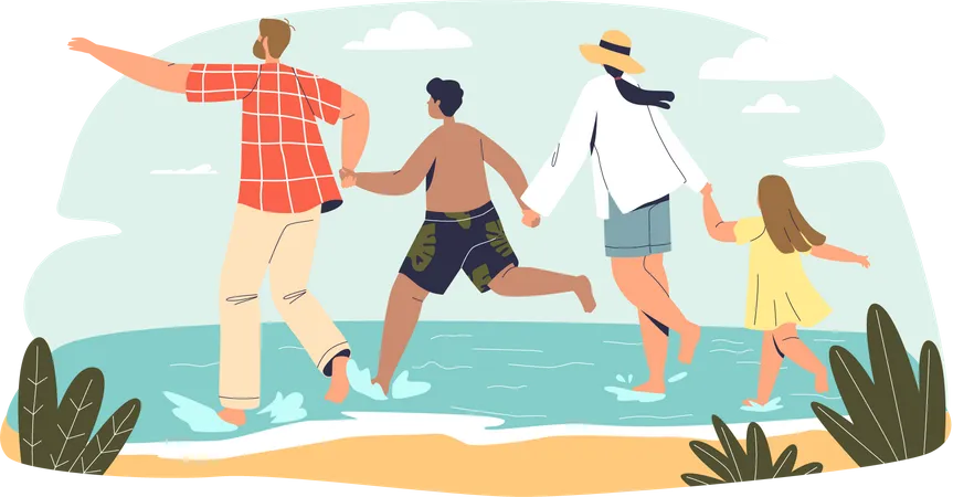 Família de férias juntos na praia  Ilustração