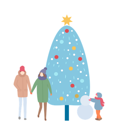Familia de invierno con árbol y muñeco de nieve.  Ilustración