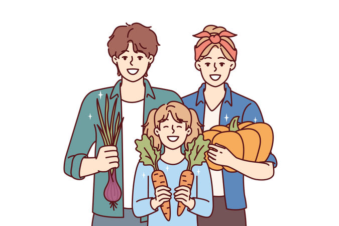 Familia de jardineros posando con vegetales orgánicos cultivados en su propia granja y regocijándose por la buena cosecha  Ilustración