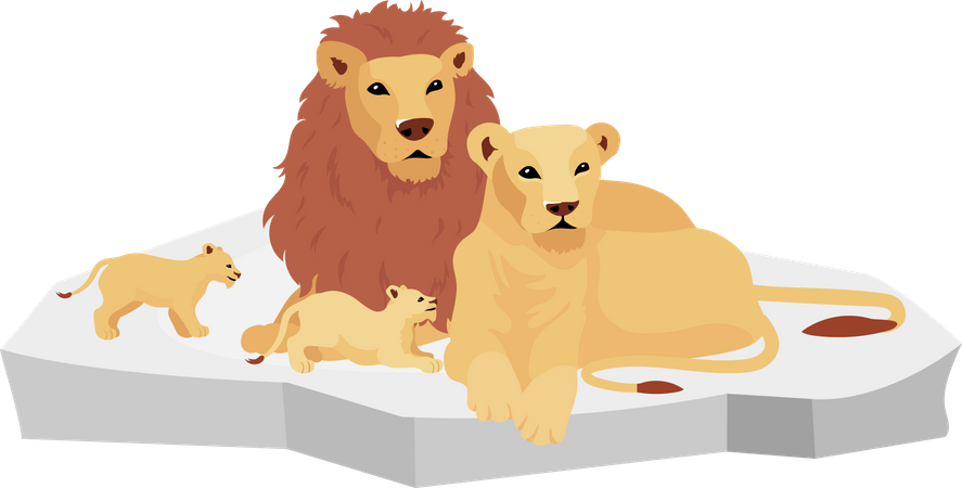 Familia de leones en roca  Ilustración
