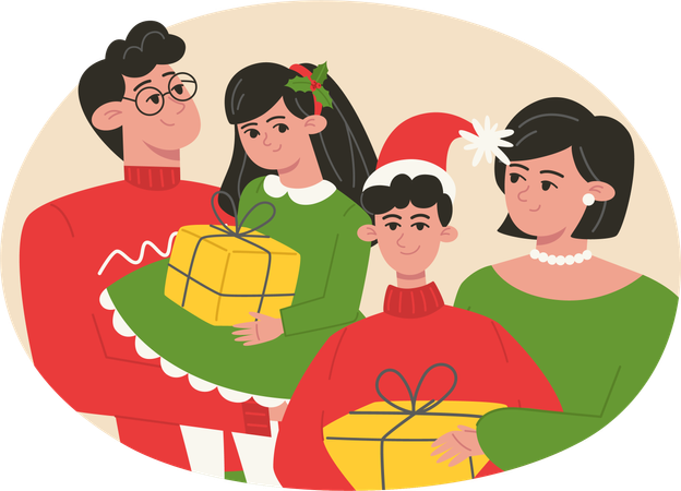 Família de Natal com presente  Ilustração