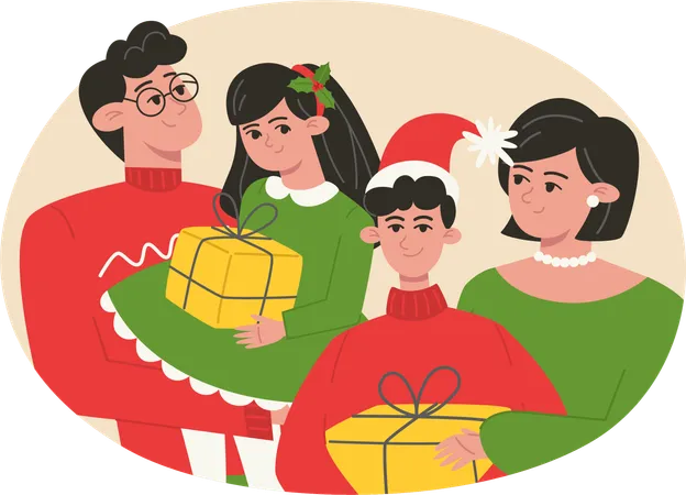 Família de Natal com presente  Ilustração