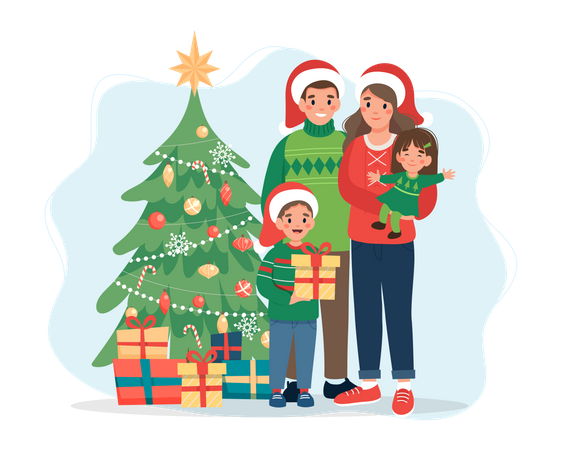 Familia parada cerca del árbol de Navidad  Ilustración