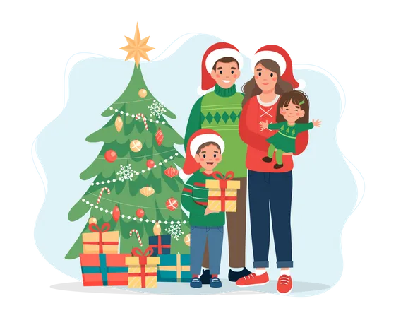 Familia parada cerca del árbol de Navidad  Ilustración
