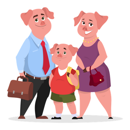 Família feliz de porcos em roupas. Mãe, pai e filho  Ilustração