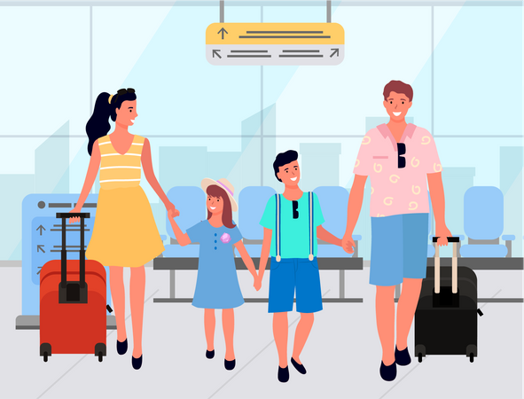 Familia que va de vacaciones en avión  Ilustración