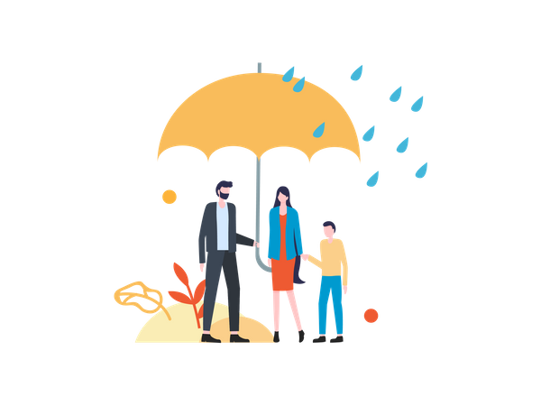 Família em pé sob guarda-chuva  Ilustração