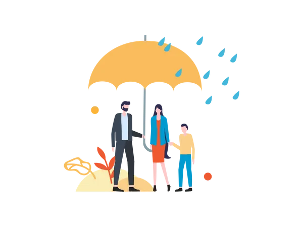 Família em pé sob guarda-chuva  Ilustração