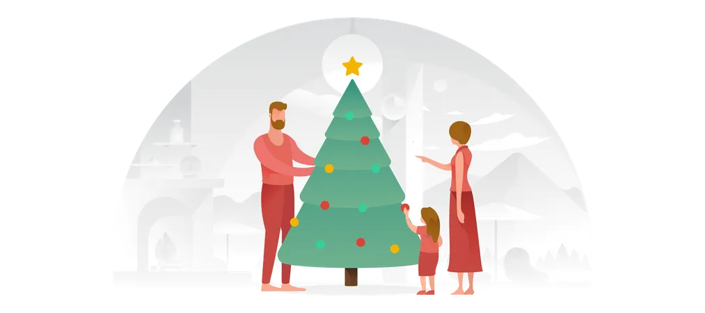 Família decorando a árvore de Natal  Ilustração